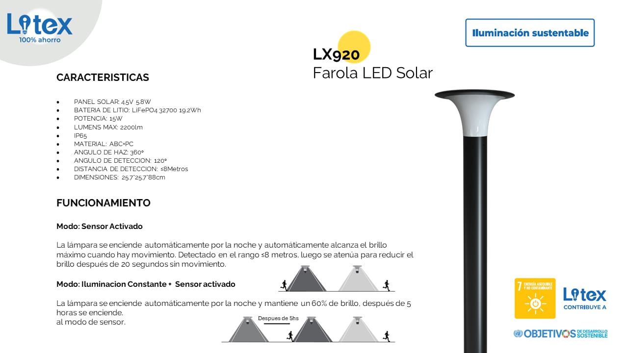 Farola LED Solar Litex LX920 15W IP65 con Sensor de Movimiento - Image 3
