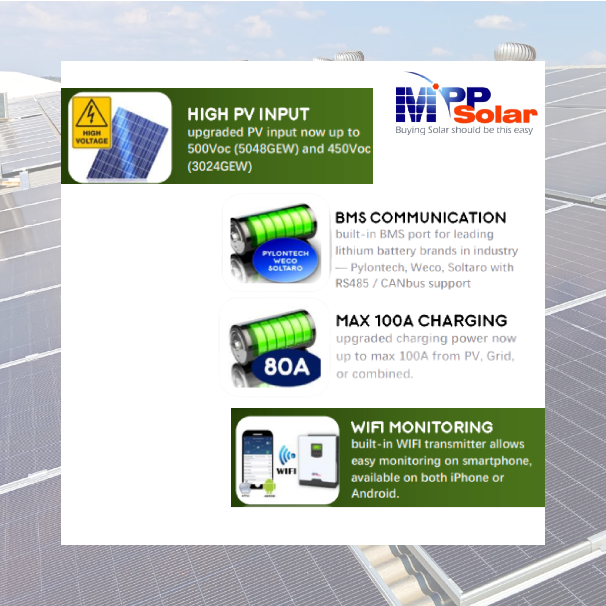 INVERSOR OFF-GRID MPPSOLAR PIP-4224GEW – 4200W – 24V – MPPT 80A – BATTERYLESS – BLUETOOTH / WIFI - Image 3