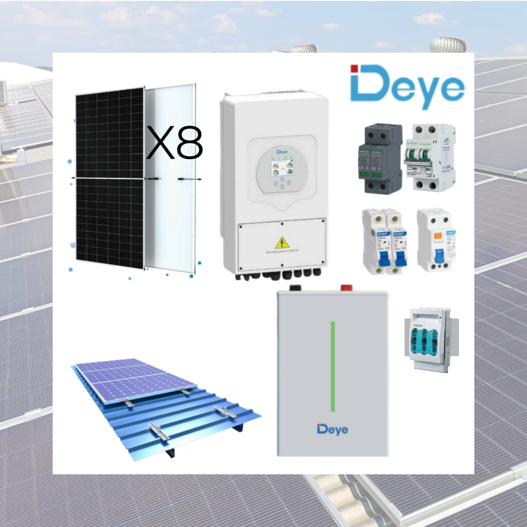 Kit Solar Híbrido Deye 3,6 kW Monofásico | 8 Paneles Trina 575W + Batería Litio Deye 5,12 kWh