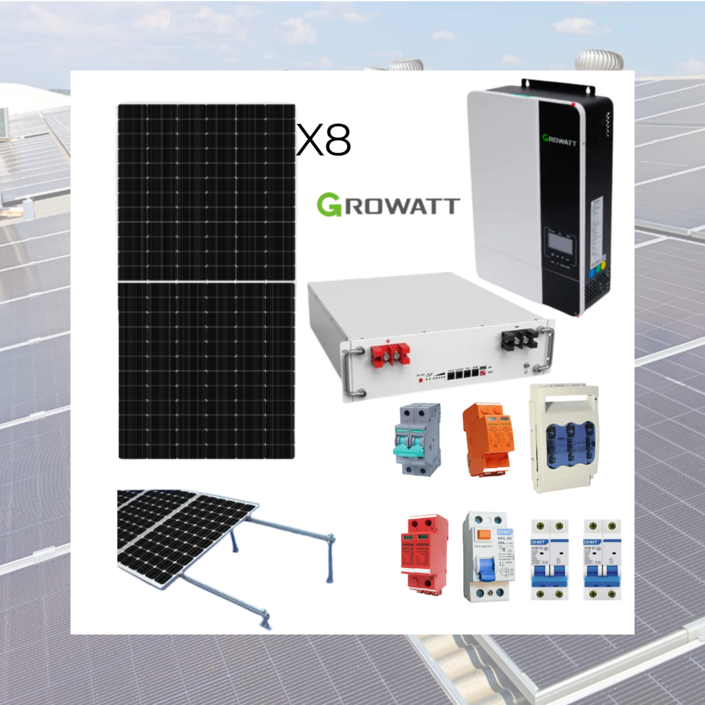 KIT SOLAR OFF-GRID GROWATT 5000W + BATERÍA DE LITIO 5,12kWh + 8 PANELES AMERISOLAR 580W