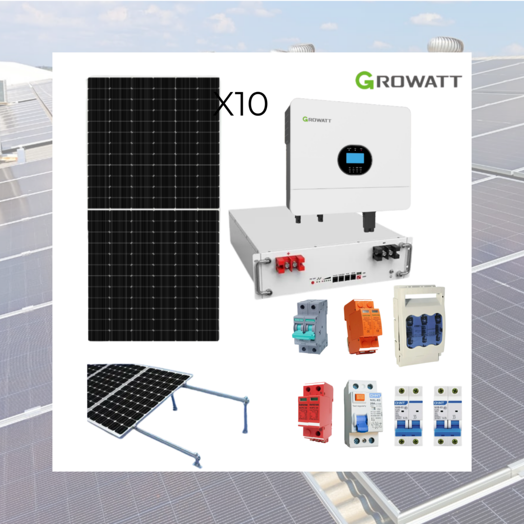 KIT SOLAR OFF-GRID GROWATT 6000W PREMIUM + BATERÍA DE LITIO 5,12kWh + 10 PANELES AMERISOLAR 580W