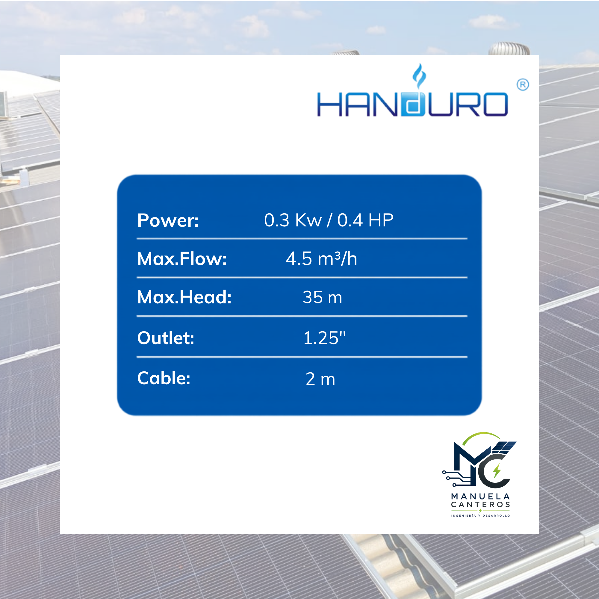 Kit Solar de Bombeo Handuro 300 W – Bomba Sumergible 3" + Panel Solar Trina 575 W + Estructura TONKA - Imagen 4