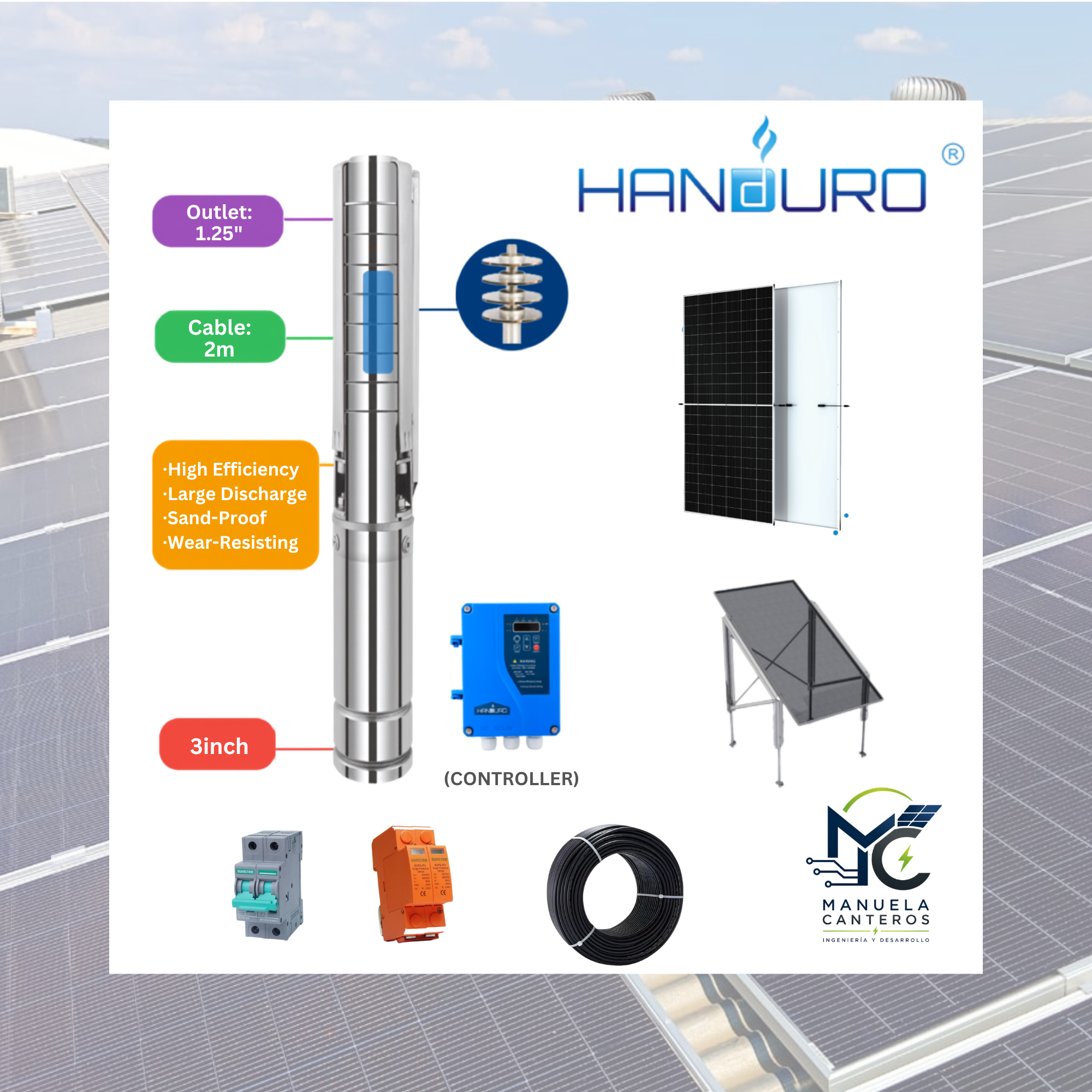 Kit Solar de Bombeo Handuro 300 W – Bomba Sumergible 3" + Panel Solar Trina 575 W + Estructura TONKA
