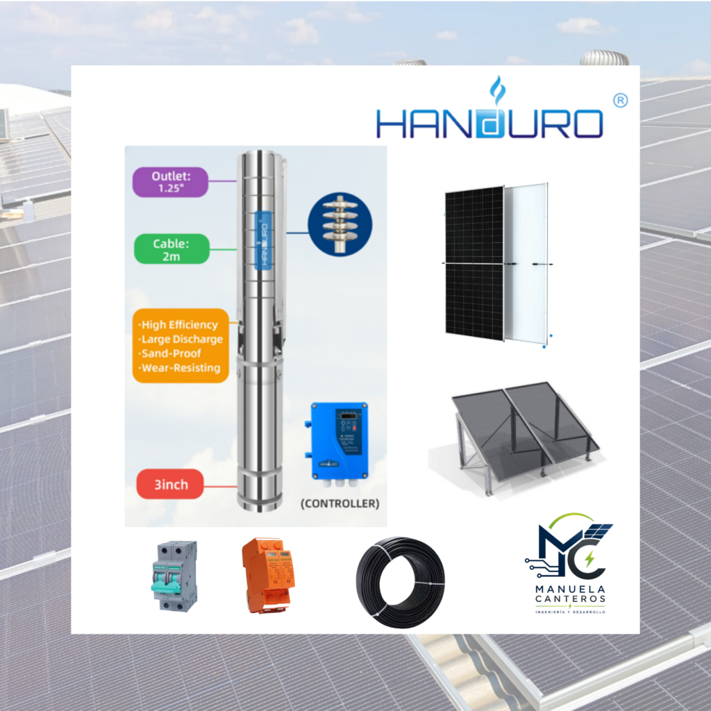 Kit Solar de Bombeo Handuro 400 W – Bomba Sumergible 3" + 2 Paneles Trina 575 W + Estructura TONKA Multipanel