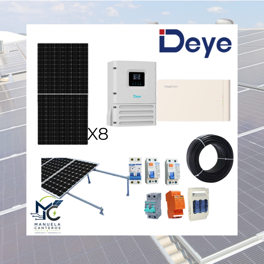Kit Solar Híbrido Deye 6kW + Litio 5,12kWh + 4,64kWp en Paneles